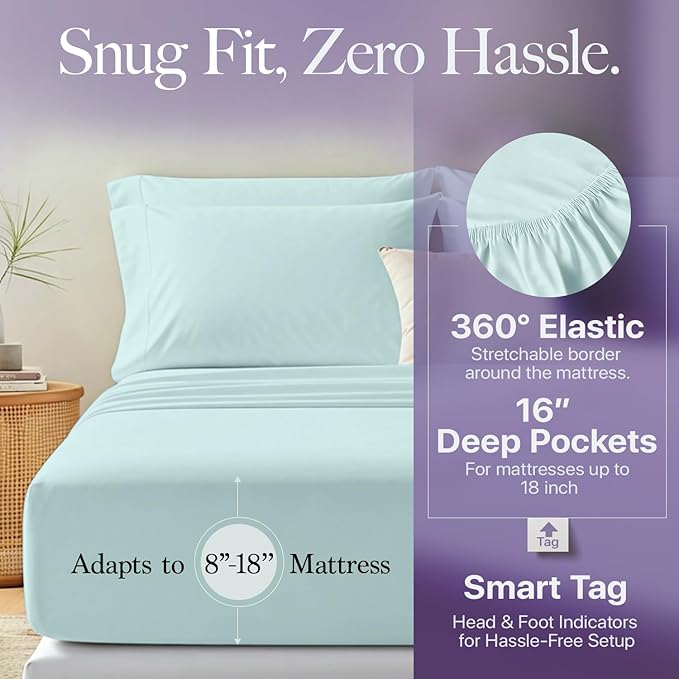 Carressa Linen 100% Egyptian Cotton Full Size Sheets - 600 Thread Count Full Size Egyptian Cotton Sheets (4 PC, Seafoam Green), Soft, Cooling, 16" Deep Pocket Sateen Weave Luxury Hotel Bed Sheet Set