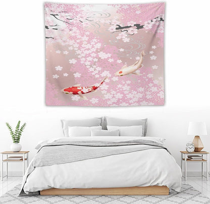 Houselerax Japanese Koi Fish Tapestry, Cherry Blossoms Asian Oriental Pink Flower Branch Koi Fish Carp Tapestries Wall Hanging for Bedroom Living Room Office Decor 60"x50"