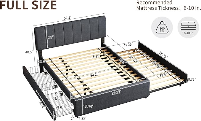 Full Size Upholstered Platform Bed with Trundle & 2 Drawers and 1 Sets of USB, Linen Fabric Full and Twin Double Bed w/LED Lights with APP for Bedroom,Dark Gray