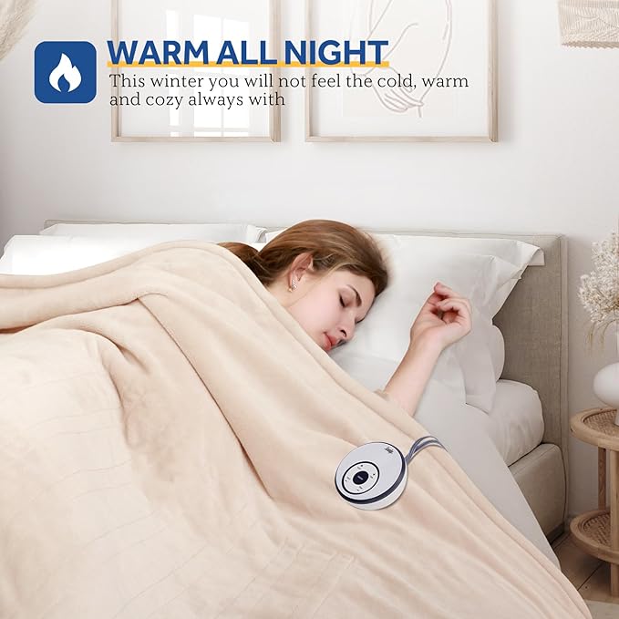 Sealy Heated Blanket Electric Queen Size 84"x90", Soft Double Flannel Electric Blanket with 10 Heat Levels & 1-12 Hours Auto Shut Off, Machine Washable, Even Heat Distribution, Beige