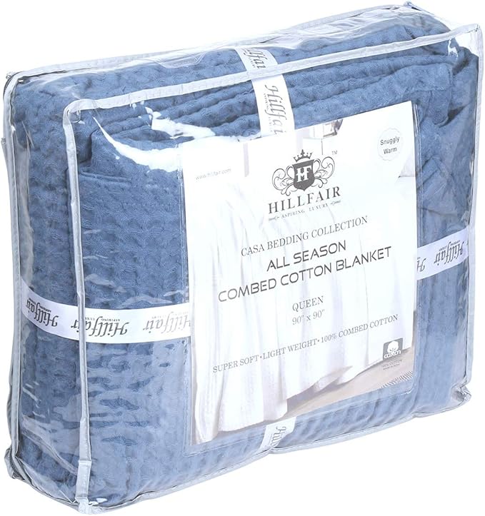 HILLFAIR 100% Combed Cotton Blanket– Twin Size Bed Blankets– Warm Soft All Season Breathable Lightweight Summer Blankets– Waffle Weave Home Decor Bed Blanket- Blue Twin Bed Cotton Blankets/Bedcovers