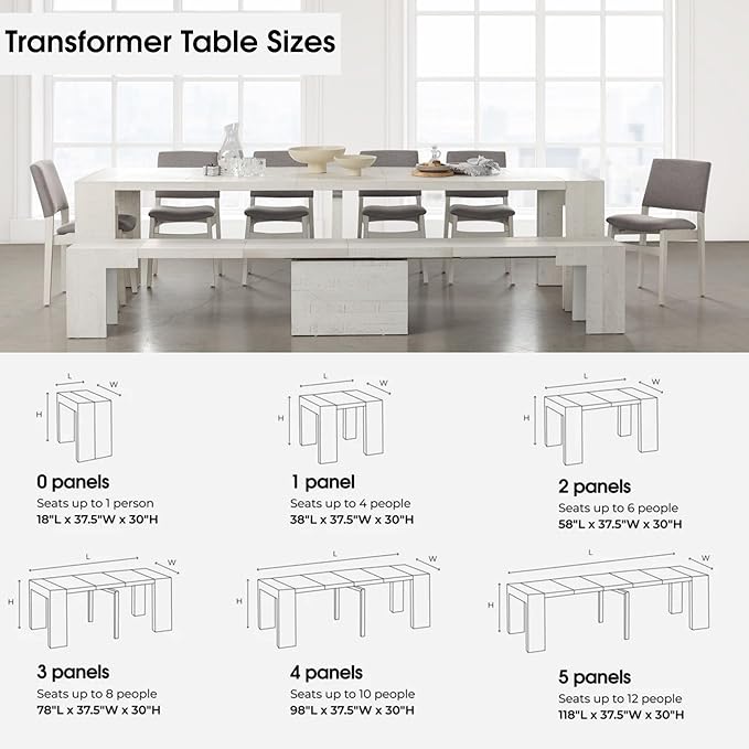Transformer Table - Solid Wood Extendable Dining Table, Seats 2-12, Extendable Dining Room Table, Space-Saving Furniture, Expandable Dining Furniture (White, Table + Bench)