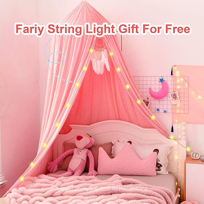 Pink Bed Canopy for Girls with Light, Princess Canopy Curtains for Twin Full Queen Size Kids Bed, Canopy for Girls Bed Room Decor, Hanging Castle Ceiling Tent