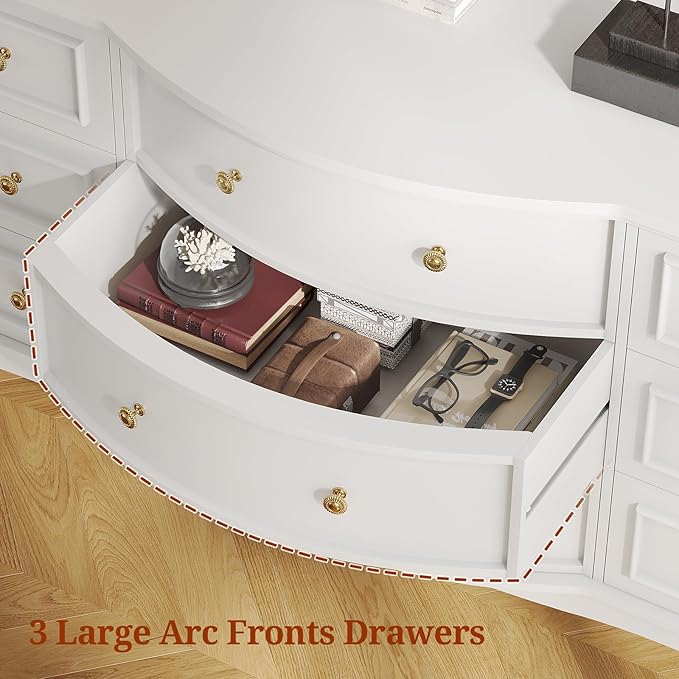 9-Drawer Chest, Wide Dresser with 3 Large Arc Fronts,Roman Column Decor, Spacious Bedroom Storage Furniture, 55 Inch Long (White, 9 Drawer)