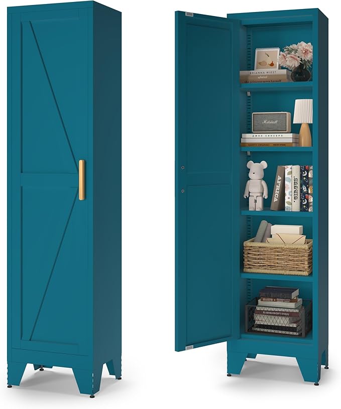 COFaR Tall Bathroom Cabinet, Metal Farmhouse Narrow Slim Storage Cabinet with Adjustable Shelves Barn Door for Bathrooms, Kitchens, Entrances Living Room (Blue)