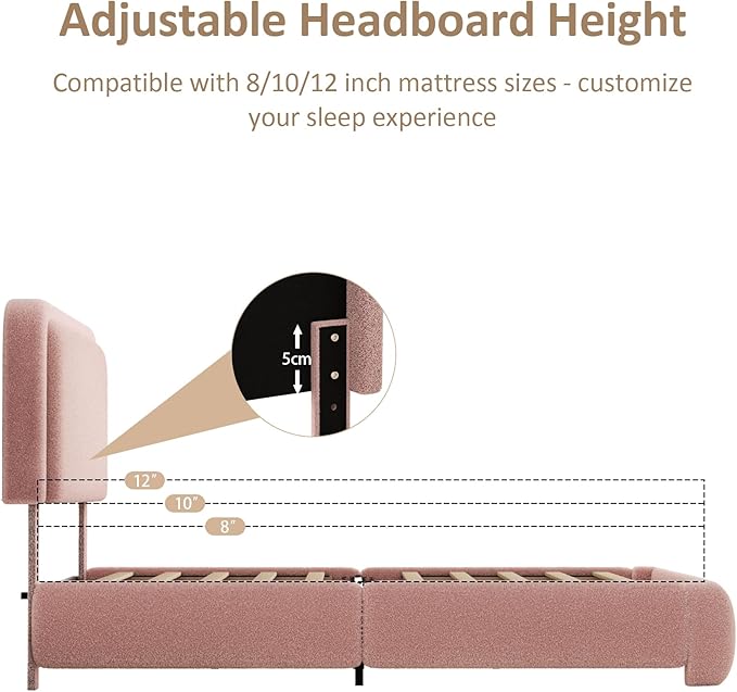 Twin Size Platform Bed Frame with Headboard, Boucle Upholstered Desige, Anti-Collision Corners, Soft Rounded Corners, No Box Spring Required, Easy Assembly, Noise Free