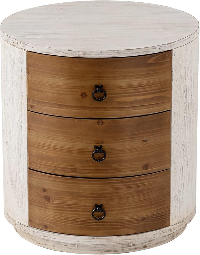 COSIEST 3 Drawer Chest of Drawers, 20 inch MDF Round Storage Cabinet, Retro Whitewash Finish Nightstand, Wood Bedside Table with Drawers for Bedroom Living Room
