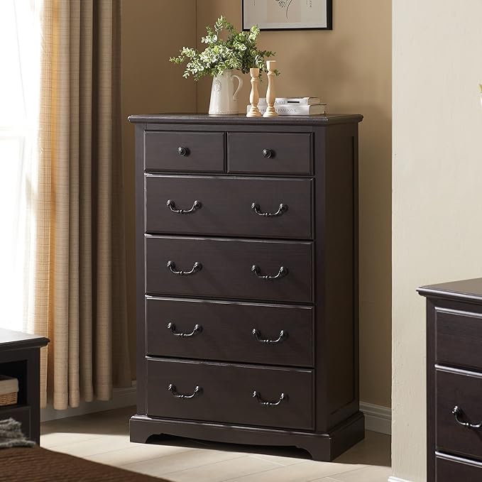 T4TREAM 6 Drawers Dresser Chests for Bedroom, 48" Tall Rustic Chset of Drawers, Wood Dressers Organizer for Bedroom, Living Room,Hallway, Espresso