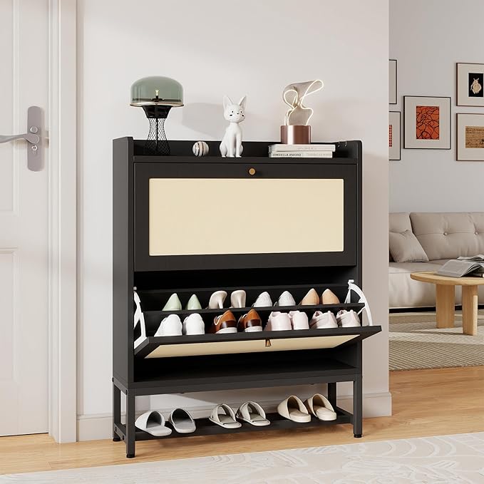 Slim Entryway Shoe Storage Cabinet with 2 Flip Drawers, Modern Freestanding Shoes Organizer Holds 16-20 Pairs, Closed Shoe Storage for Hallway, Foyer - Space-Saving Wood Shoe Cabinet