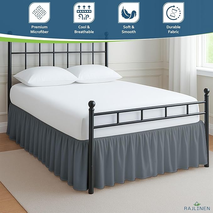 Rajlinen Ruffled Bed Skirt King, 24 Inch Drop Dust Ruffle with Split Corners, 100% Microfiber Bedskirt with Platform, Three-Sided Coverage Ruffled Gathering Design, Dark Grey