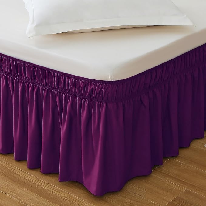 MEILA Wrap Around Bed Skirt Three Fabric Sides Elastic Dust Ruffled 14 Inch Tailored Drop,Easy to Install Fade Resistant-Purple, Queen/King