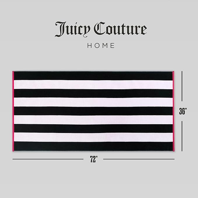 Juicy Couture Black/Hot Hot Pink/White Pink Reversible Cabana 36" x 72" 100% Cotton Oversized Beach Towel - Soft, Absorbent, and Quick-Drying, Perfect for Beach, Pool, or Travel