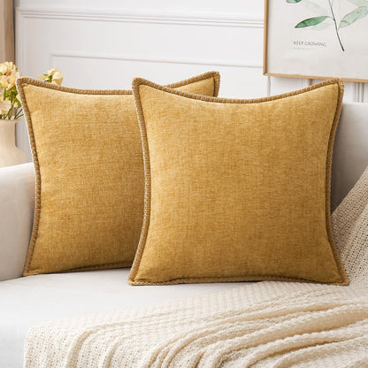 MIULEE Pack of 2 Couch Throw Pillow Covers 24x24 Inch Gold Farmhouse Decorative Pillow Covers with Stitched Edge Soft Chenille Solid Dyed Fall Pillow Covers for Sofa Bed Living Room