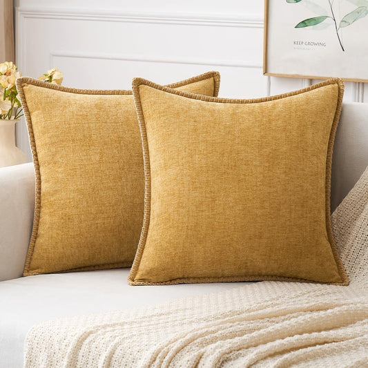 MIULEE Pack of 2 Couch Throw Pillow Covers 24x24 Inch Gold Farmhouse Decorative Pillow Covers with Stitched Edge Soft Chenille Solid Dyed Fall Pillow Covers for Sofa Bed Living Room