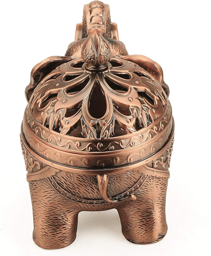 K COOL Alloy Incense Holder Stand Elephant Cone Coil Incense Burner Ash Catcher with Lid, Aromatherapy Ornament Home Decoration for Indoor Outdoor (Red Copper)