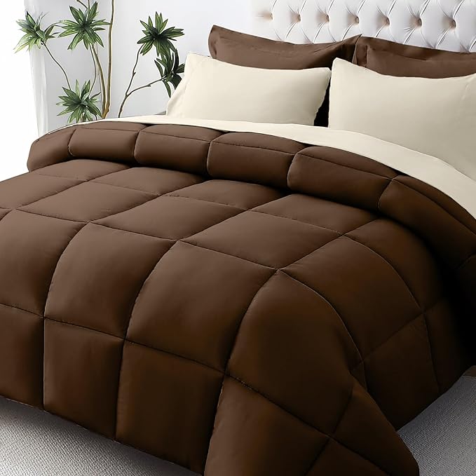 JOLLYVOGUE Twin Comforter Set, Ultra-Soft Bed in a Bag Twin Size 5 Pieces, Oeko-TEX Certified Bedding Set with Down Alternative Comforter, Sheets, Pillowcases & Shams, Brown & Beige