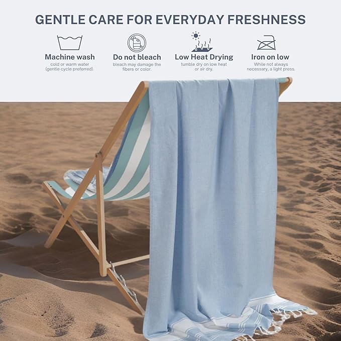 Cotton Turkish Beach Towel Towels Oversized 36"x72" Pool Absorbent Extra Large Quick Dry Sand Travel Towel (Sky Blue, 2 Pack)