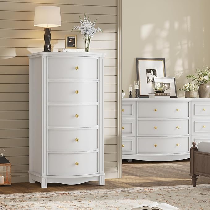 AuraCurve Tall 5-Drawer Chest, Elegant Dresser with Five Arc Fronts, Roman Column Decor, Slim Floor Standing Storage Cabinet, 48.6x23.6x15.7 Inches(White, 5 Drawer)