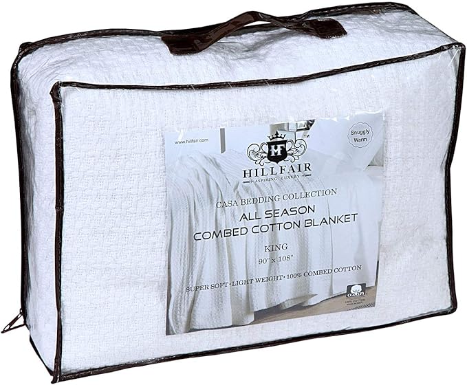 HILLFAIR 100% Combed Cotton Blanket– California King Size Bed Blanket – Warm Soft All Season Breathable Blankets – 102 x 108 inch Extra Large Oversized California King Cotton Blankets for Bed- White