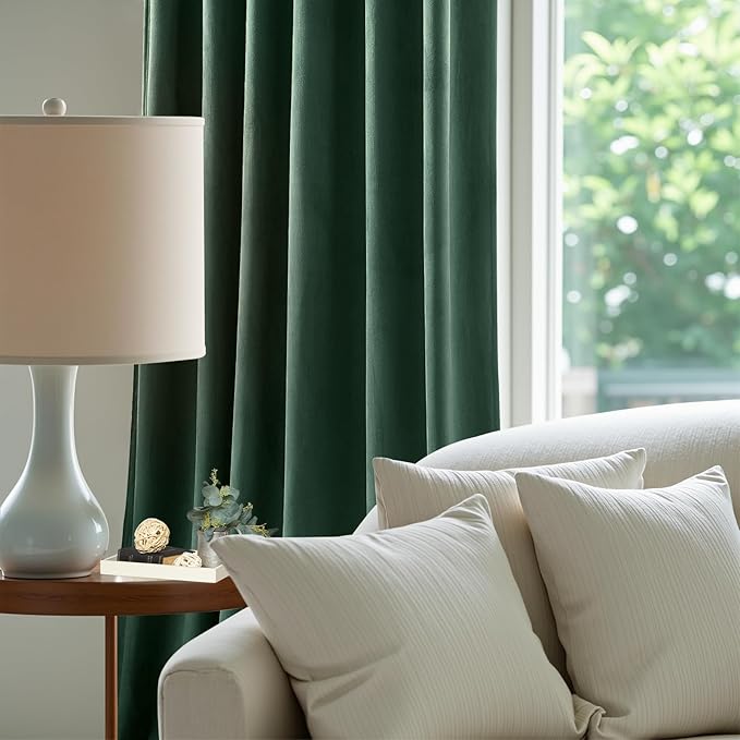 Velvet Curtains 102 Inches Long for Bedroom, Super Soft Room Darkening Thermal Insulated Curtains Luxury Window Drapes for Living Room Nursery, Back Tab Rod Pocket, Dark Green, W52 x L102, 2 Panels