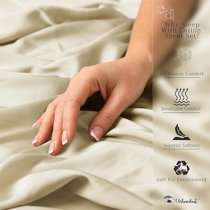 URBANHUT 800 Thread Count 100% Cotton Full Size Sheets, Luxury 4 Piece Full Bedsheets, Hotel Sheets Sateen Finish - Better Than Egyptian, 16" Elasticized Deep Pocket - Ivory