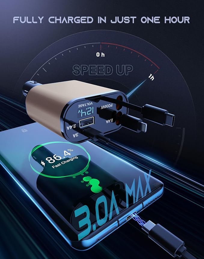 Retractable Car Phone Charger, 4 in 1 Fast Charge Car Phone Charger with 2 Retractable Cables(2.6ft) and 2 USB Ports, Compatible with iPhone15/14/15 Pro Max,Samsung (Gold)