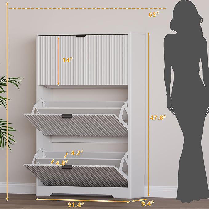 Entryway Shoe Cabinet with 3 Flip Drawers, Narrow Shoe Organizer Cabinet with Fluted Panel and Adjustable Shelves for Foyer, Hallway