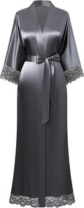 BABEYOND Satin Kimono Robe Silky Long Bridesmaid Wedding Lightweight Bath Robe with Lace Trim