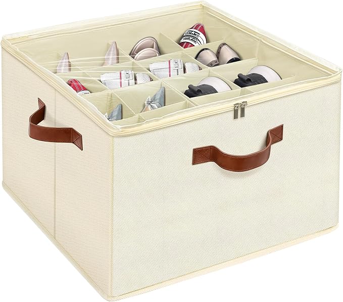 Shoe Organizer for Closet, Foldable Shoe Storage Box with Clear Top Lid, 3 Leather Handles, Adjustable Dividers, Fits 8-16 Pairs, Stackable Shoe Bin for Bedroom (Beige, 1 PCS/16.9*11.8*1.57 inch)