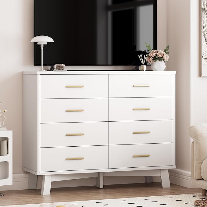 Dresser for Bedroom, 8 Drawer Wide Modern Chest of Drawers with X-Shaped Sturdy Base, Wood Double Dresser Closet Clothes Storage Organizer, Wooden TV Stand for Living Room, Hallway, White