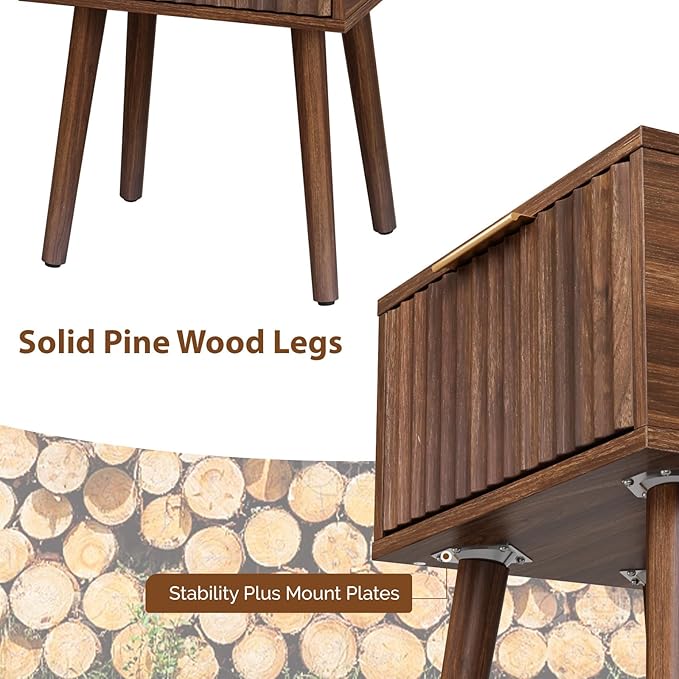 VINGLI Night Stand, Fluted Nightstand Wood, Mid Century Modern Nightstand for Bedroom, Bedside Table, Wood Side Table, Small Night Stand Walnut, 15.75" W*11.81" D*21.85" H
