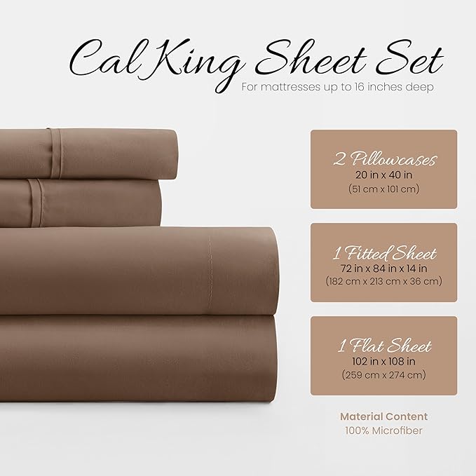 Linen Market Bed Sheets for California King Size Bed (Taupe) - Sleep Better Than Ever with These Soft and Cooling California King Sheets - Deep Pocket Fits 16" Thick Beds - 4 Piece Cal King Sheet Set