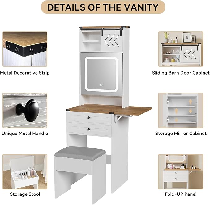 ARTETHYS Farmhouse Small Vanity Desk Set with Mirror Cabinet Mini Makeup Vanities Set with 3 Adjustable Lights and Storage Chair for Compact Space, White Dressing Table with Fold-up Panel