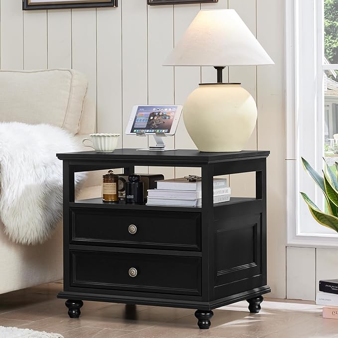 Farmhouse Nightstand Set of 2 with Charging Station, 24" Wide End Table with 2 Drawers,Wood Dresser for Bedroom,Black Bed Side Table Chest of Drawers Cabinet,Night Stand for Living Room