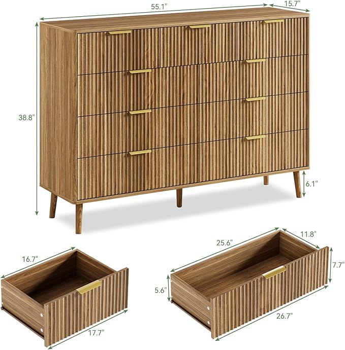 LYNSOM Fluted 9 Drawer Dresser for Bedroom, 55" Wide Modern Chest of Drawers with Curved Profile Design and Metal Handles, Wood Dresser TV Stand & Storage Organizer for Bedroom, Hallway, Walnut