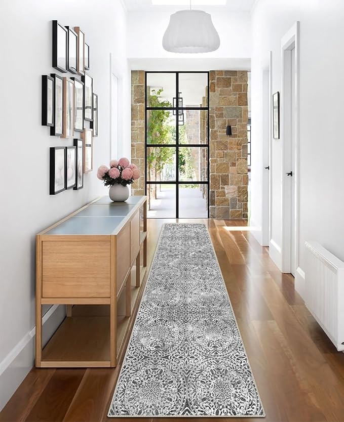 vivorug Grey Runner Rug 2x10 Machine Washable Rug with Non-Slip Backing, Ideal for Kitchen Hallway Entryway Laundry Room - Vintage, Durable, Easy Clean, Low Pile Carpet Runner