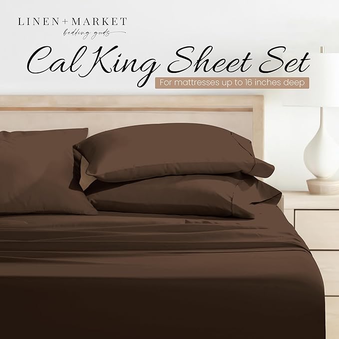Linen Market Bed Sheets for Cal King Size Bed (Chocolate) - Sleep Better Than Ever with These Soft and Cooling California King Sheets - Deep Pocket Fits 16" Thick Beds - 4 Piece Cal King Sheet Set