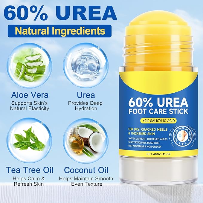 60% Urea with 2% Salicylic Acid Foot Care Stick, Urea Foot Cream Moisturizer for Dry Cracked Feet, Knees, Elbows, Hands, Moisturizes and Hydrates the Dry Skin 1Pack