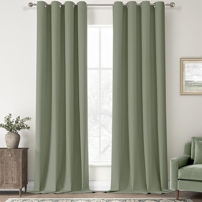 ChrisDowa 100% Blackout sage Solid Curtains 102 Inches Long 2 Panels for Bedroom Living Room,Farmhouse Room Darkening Thermal Insulated Soundproof Grommet Top Window Treatment Drapes,52x102