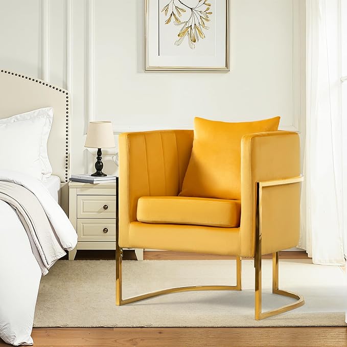 Velvet Modern Accent Chairs Set of 2, Upholstered Barrel Armchair Mid Century with Pillow for Living Room, Comfy Single Vanity Chair with Metal Gold Legs for Bedroom, Yellow