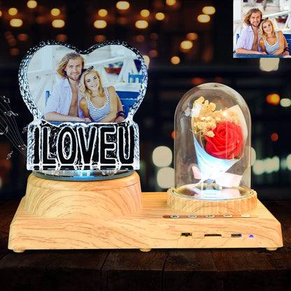 Personalized Heart Night Light 3D Crystal Lamp Custom Photo Picture Engraved, 3D Crystal Photo with Music Bluetooth Rotating Crystal Photo Frame Ornament, ILOVEU Couple Wedding Valentine's Day Gift