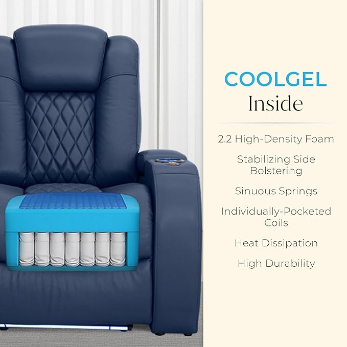 Seatcraft Diamante Zero-Gravity CoolZero Italian Leather Home Theater Seating, Power Headrest, Power Recline, Row of 2 Loveseat, Navy Blue