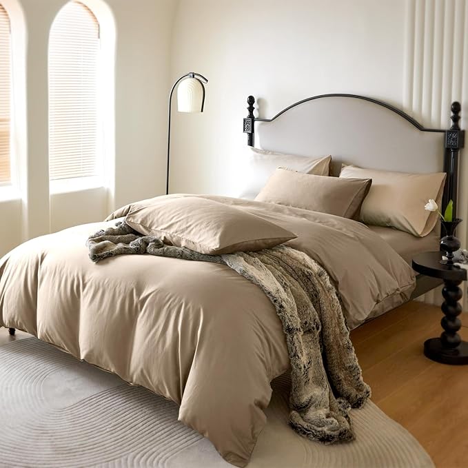 PURE ERA Duvet Cover Set King 800 Thread Count Long Staple Cotton Sateen Silky Soft Luxurious Smooth 3 Piece Set Dark Dessert Beige King