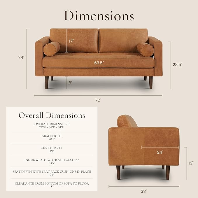 POLY & BARK Napa 72" Leather Sofa – Full-Grain Italian-Tanned Aniline Leather, Feather-Down Comfort, Solid Wood Frame, Walnut Legs, Cognac Tan
