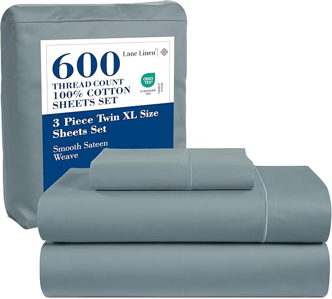 LANE LINEN 600 Thread Count 100% Cotton Sheets Twin XL Size - Machine wash Fully Elasticized Twin XL Size Sheets Set, Soft & Comfy Sateen Weave Bedding Sheets & Pillowcases Sets - French Blue