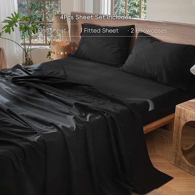 MooMee Bedding Sheet Set 100% Washed Cotton Linen Like Textured Breathable Durable Soft Comfy (Solid Black, Full)
