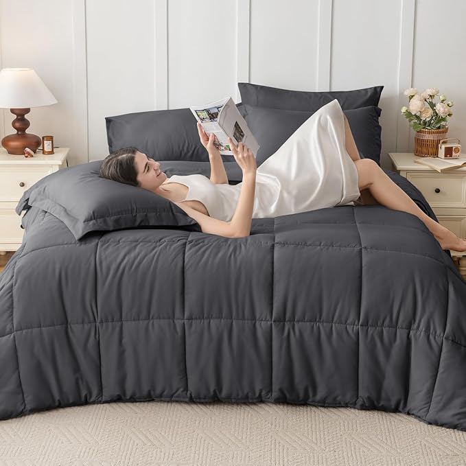 JOLLYVOGUE Twin XL Comforter Set, Ultra-Soft Bed in a Bag Twin XL Size 5 Pieces, Oeko-TEX Certified Bedding Set with Down Alternative Comforter, Sheets, Pillowcases & Shams, Dark Grey