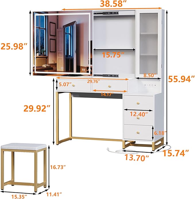 Vanity Set with Lighted Mirror and Charging Station, Extra Large Mirror Makeup Vanity Table with Cushioned Stool,5 Drawers, Modern Vanity Table with Nightstand