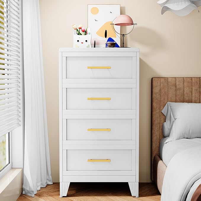 Metal Dresser for Bedroom Tall, White Dressers & Chest of Drawers, 4 Drawer Dresser with Curved Corner, Storage Cabinet with Drawers for Living Room, Entryway, Home Office (White, 24" W)