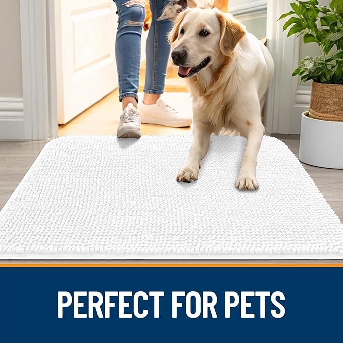 OLANLY Dog Door Mat for Muddy Paws 45x27, Absorbs Moisture and Dirt, Absorbent Non-Slip Washable Doormat, Quick Dry Chenille Mud Mat for Dogs, Entry Indoor Entryway Carpet for Inside Floor, White